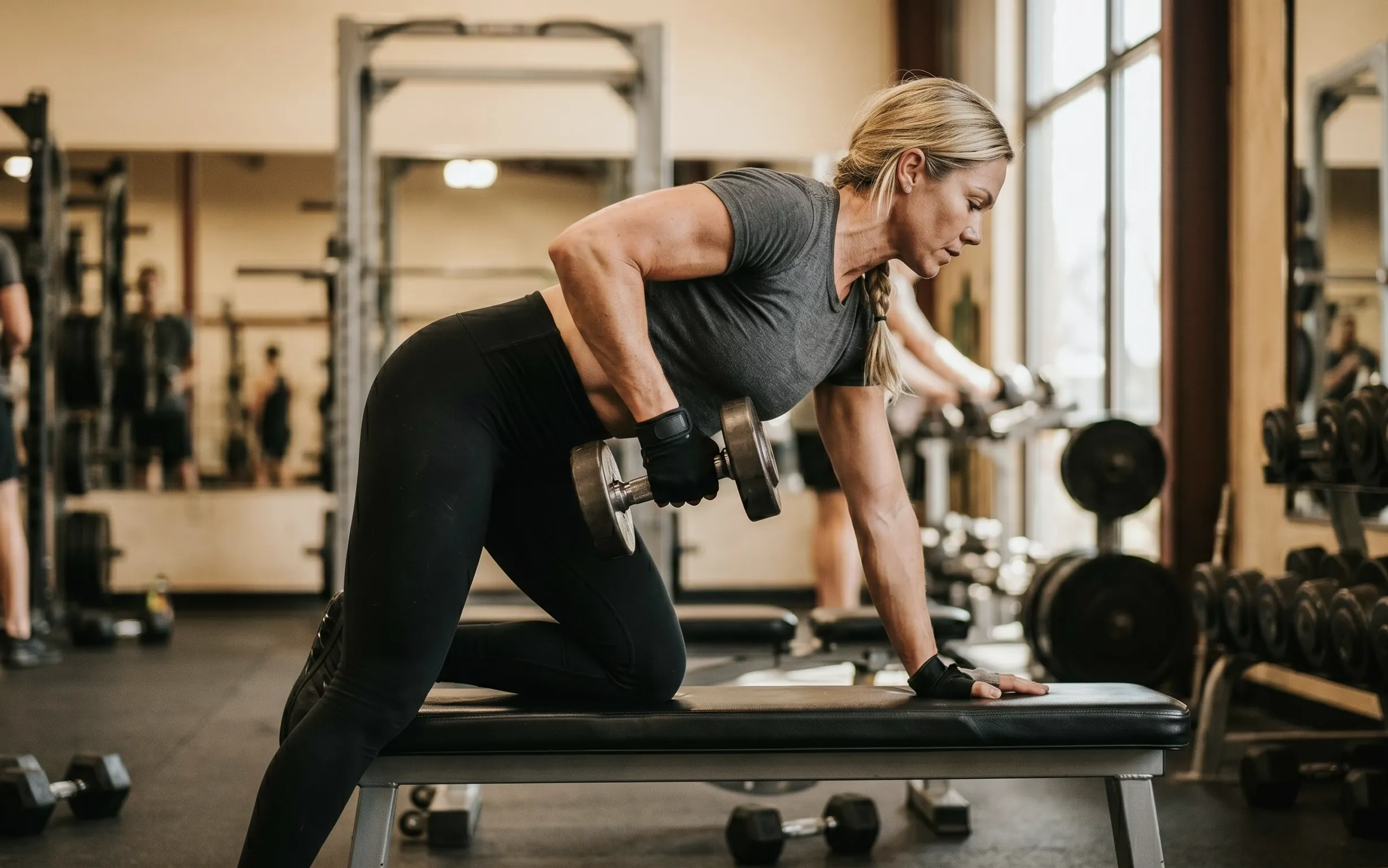 Athletin beim Kurzhantel-Rudern – Progressive Overload Tracking