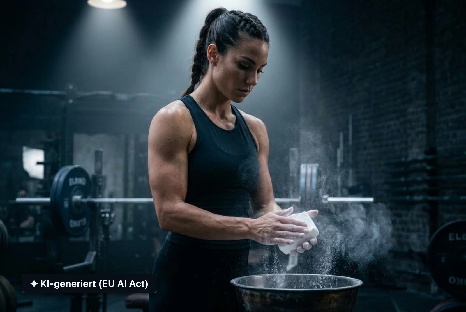 Athletin Maya bereitet sich mit Kreide auf schwere Lifts vor – Eigenverantwortung & Fokus