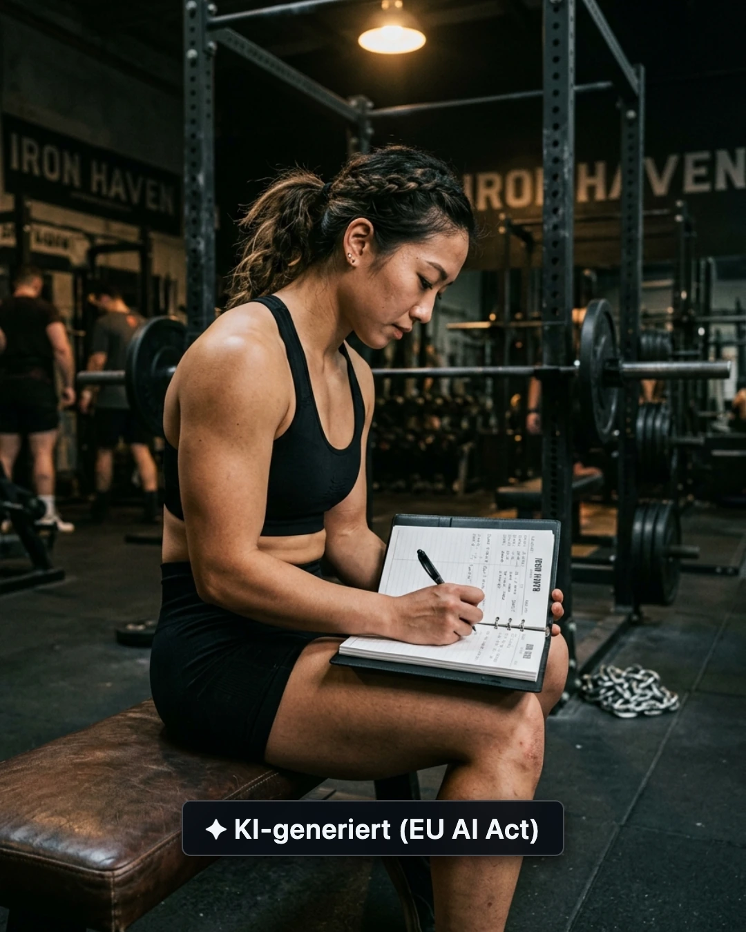 Athletin Mei dokumentiert ihre Trainingsdaten handschriftlich im Notizbuch