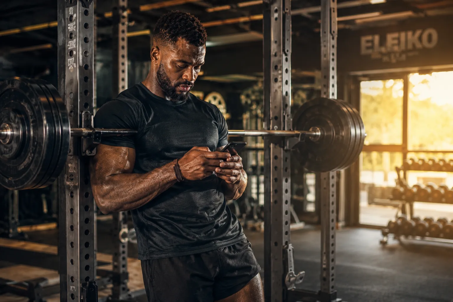 Athlet nutzt MaGymus Workout Tracker am Smartphone im Gym